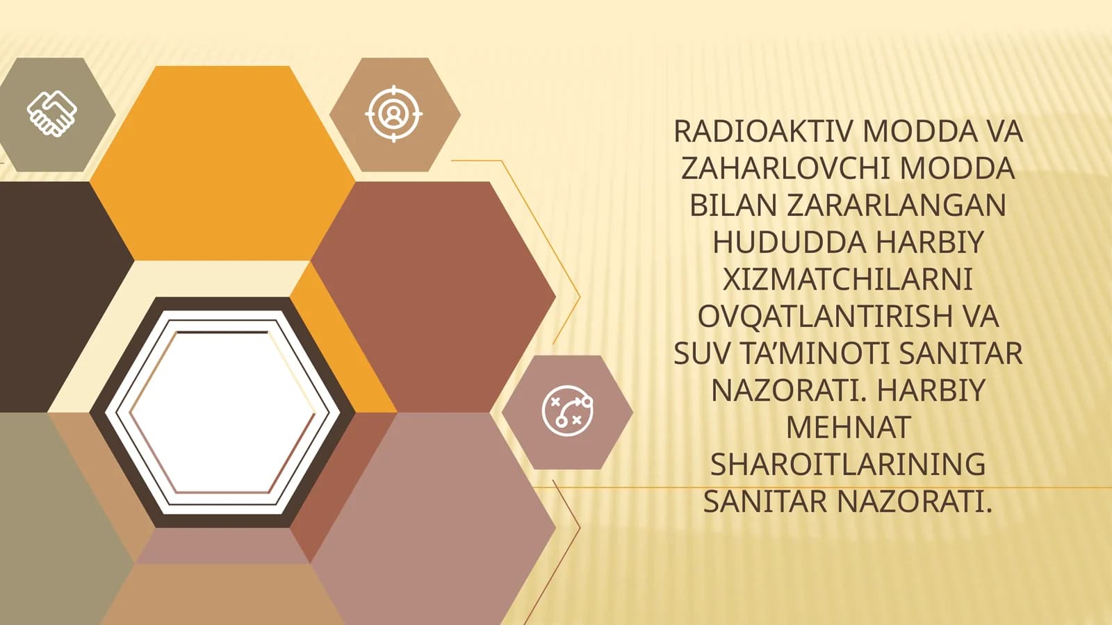 Radioaktiv modda va zaharli modda bilan zararlangan hududda harbiy xizmatchilarni ovqatlantirish va suv ta'minoti sanitarnazorati. Harbiy mehnat sharoitlarining sanitarnazorati