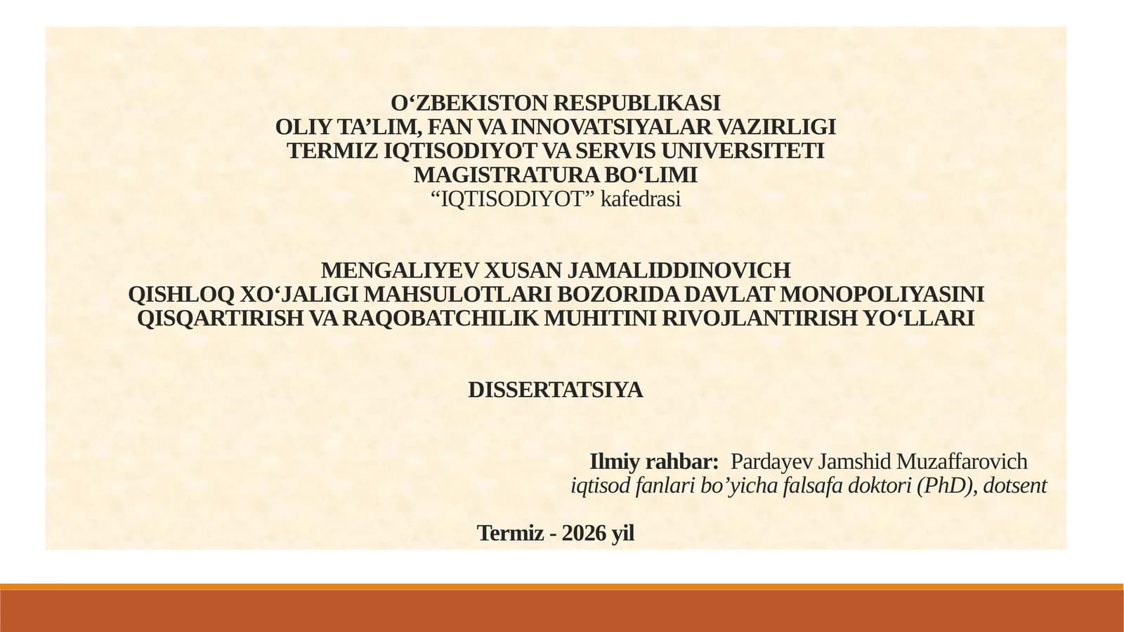 QISHLOQ XO‘JALIGI MAHSULOTLARI BOZORIDA DAVLAT MONOPOLIYASINI QISQARTIRISH VA RAQOBATCHILIK MUHITINI RIVOJLANTIRISH YO‘LLARI