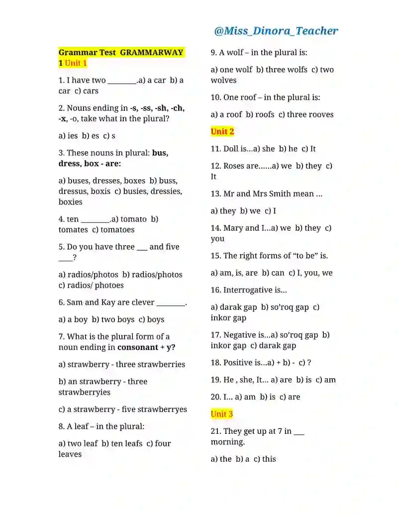 grammarway 1 unit1-5  test