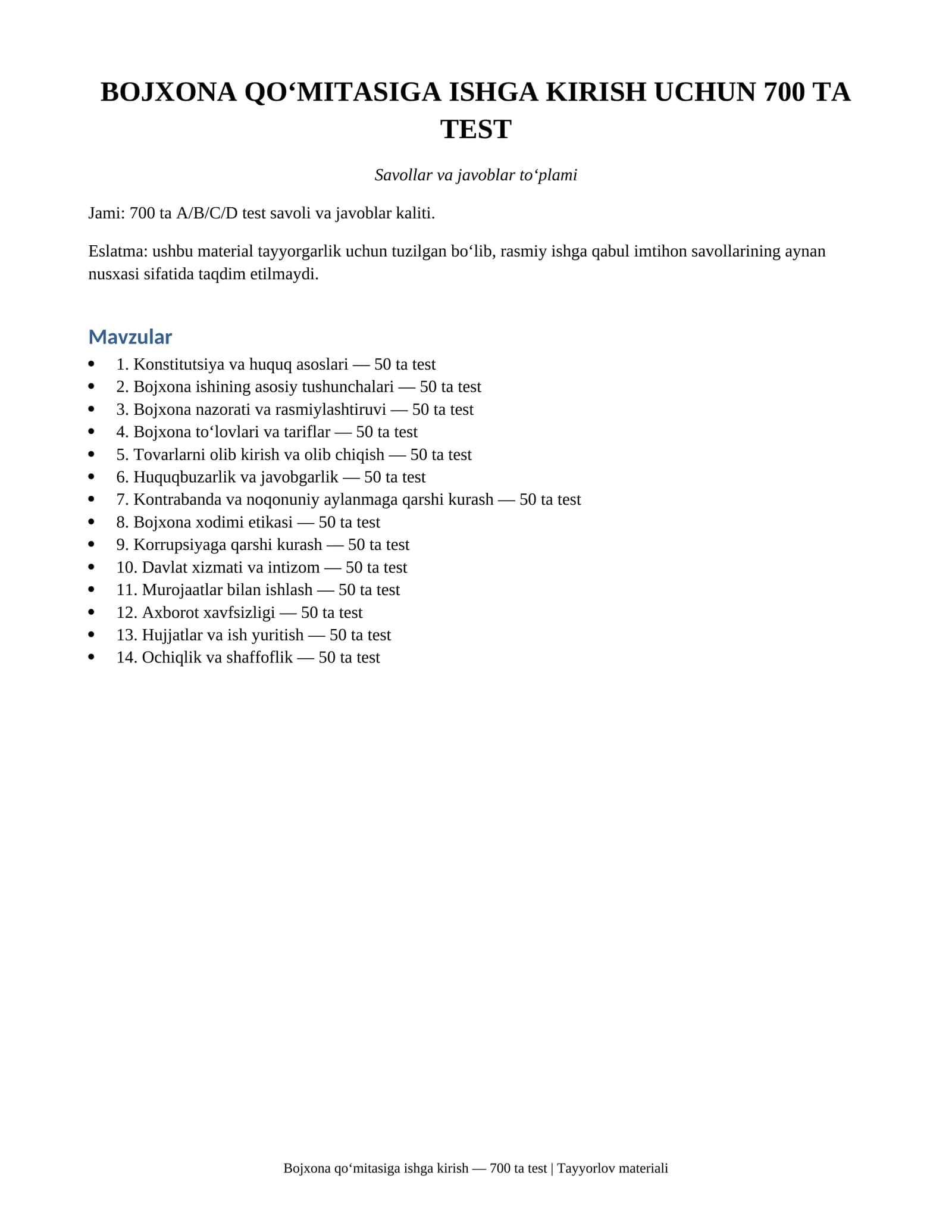Bojxona qo‘mitasiga ishga kirish uchun 700 ta test savollari va javoblari