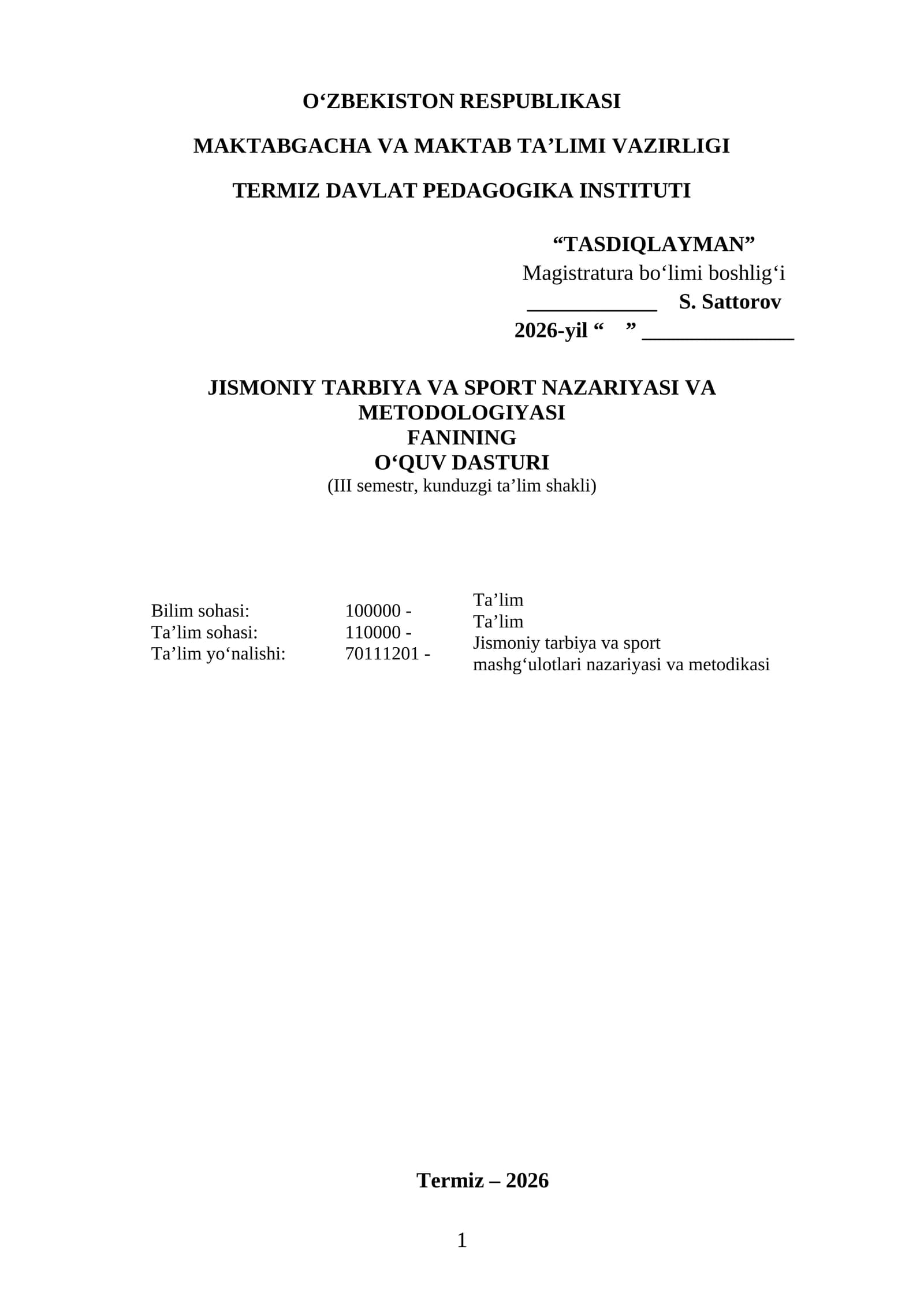 JISMONIY TARBIYA VA SPORT NAZARIYASI VA METODOLOGIYASI o'quv dasturi 2026-2027