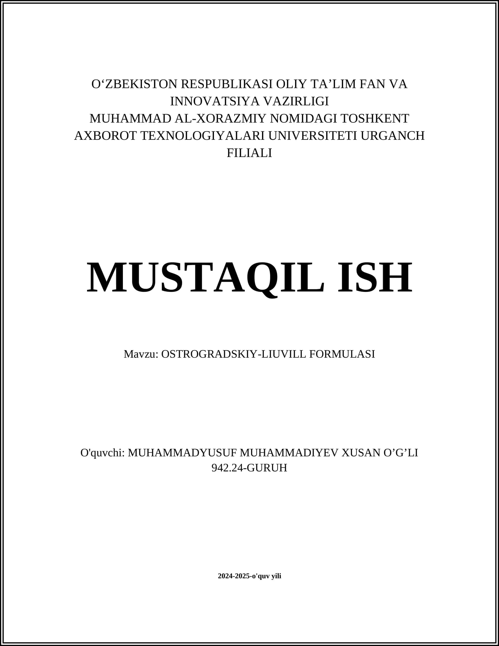 OSTROGRADSKIY-LIUVILL FORMULASI