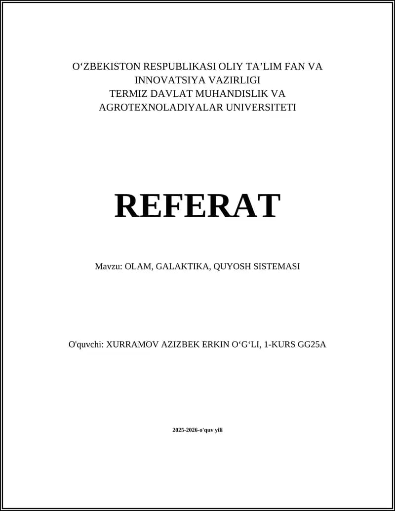 OLAM, GALAKTIKA, QUYOSH SISTEMASI