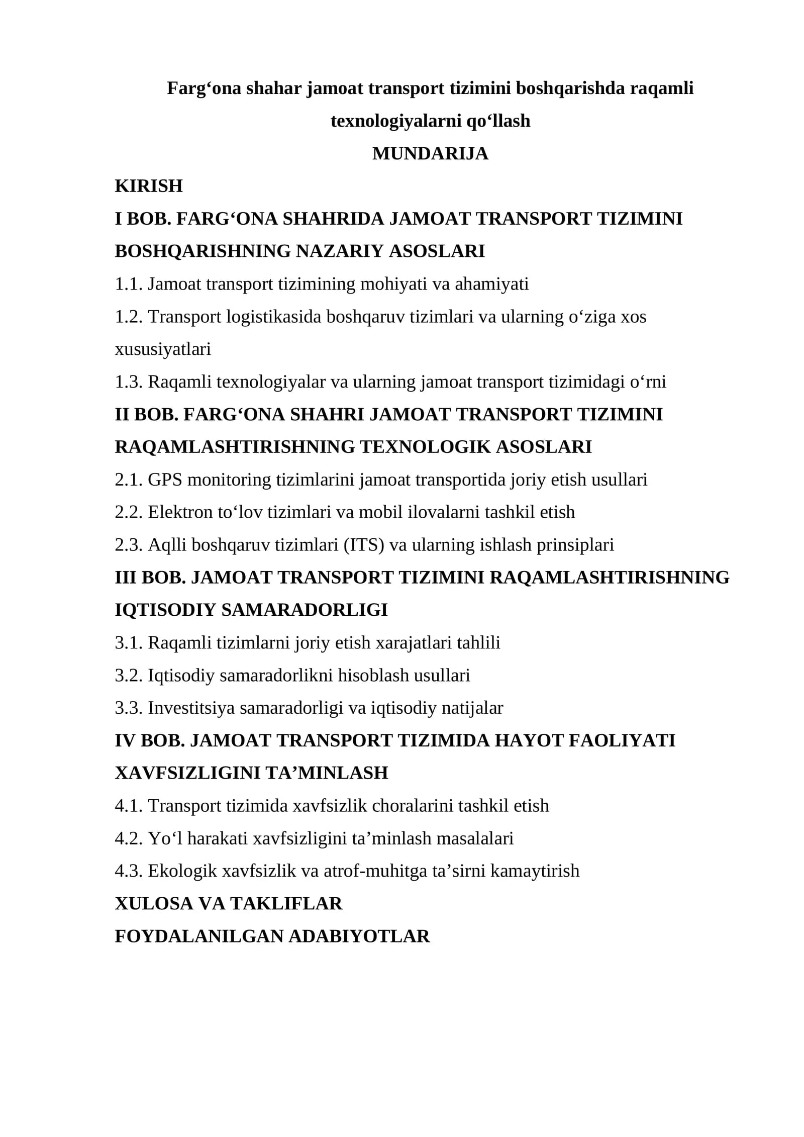 Jamoat transport tizimini boshqarishda raqamli texnologiyalarni qo‘llash