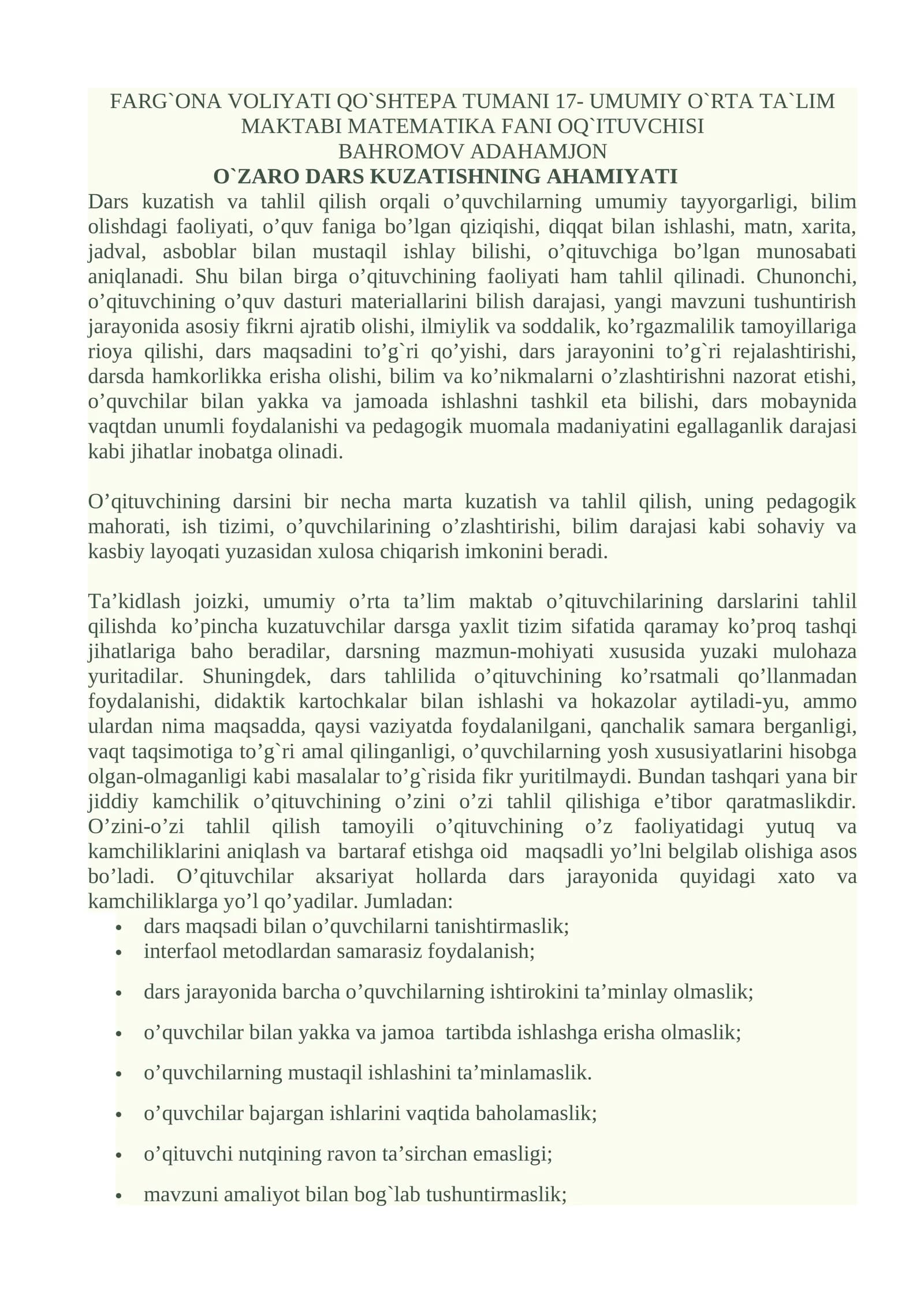 MATEMATIKA FANI OQ`ITUVCHISI
