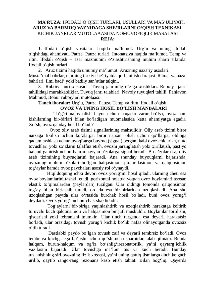 MA’RUZA: IFODALI O‘QISH TURLARI, USULLARI VA MAS’ULIYATI
