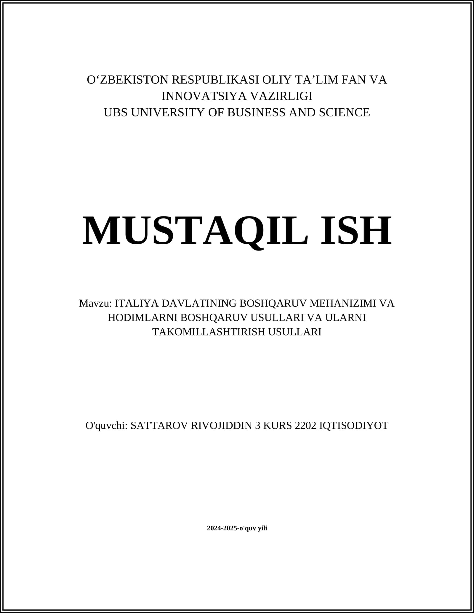 ITALIYA DAVLATINING BOSHQARUV MEHANIZIMI VA HODIMLARNI BOSHQARUV USULLARI VA ULARNI TAKOMILLASHTIRISH USULLARI
