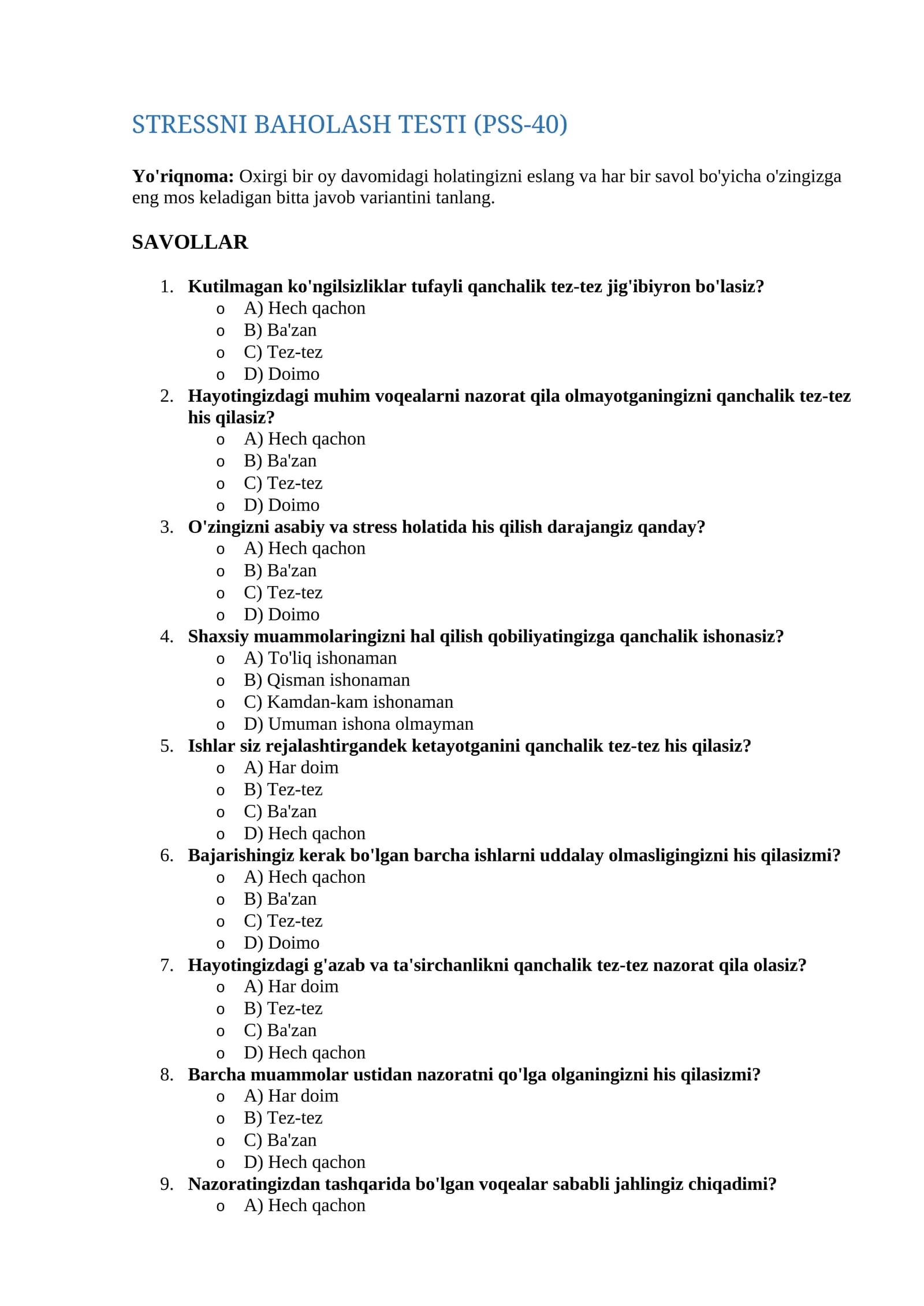 Stressni baholash testi 40 ta savol oxirida kaliti bilan