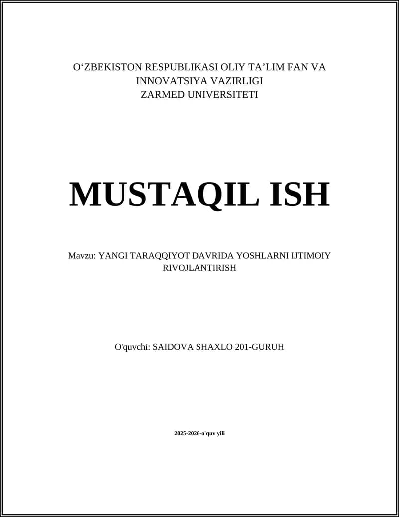 YANGI TARAQQIYOT DAVRIDA YOSHLARNI IJTIMOIY RIVOJLANTIRISH