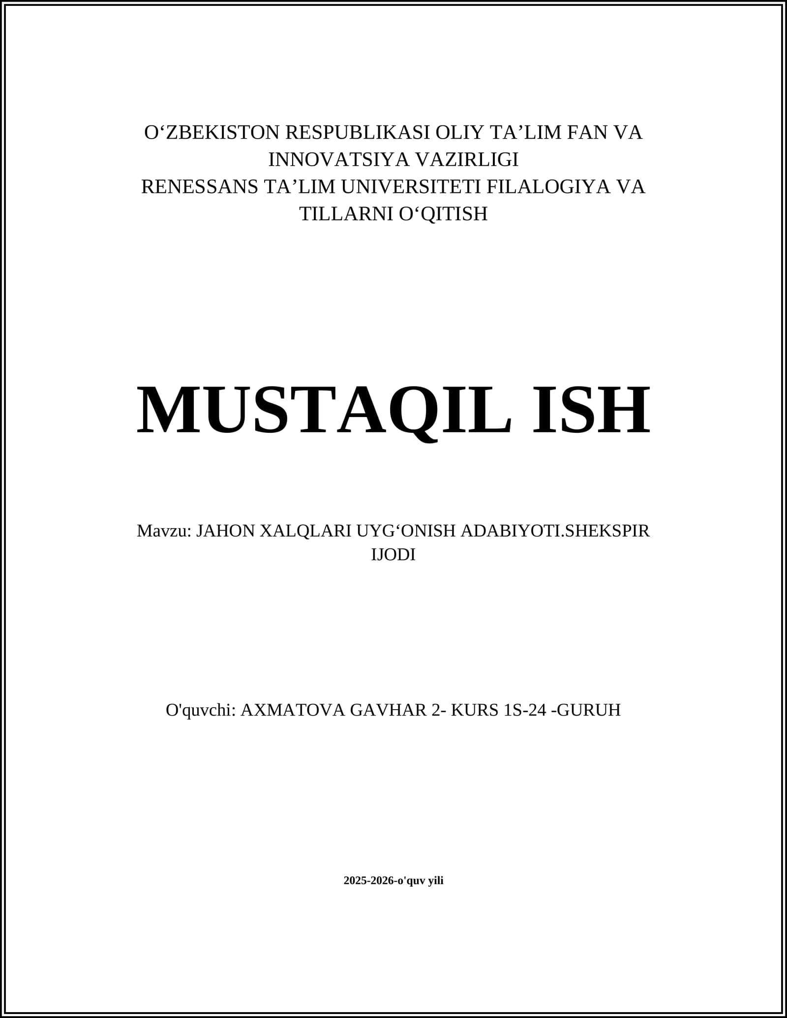 JAHON XALQLARI UYGʻONISH ADABIYOTI.SHEKSPIR IJODI