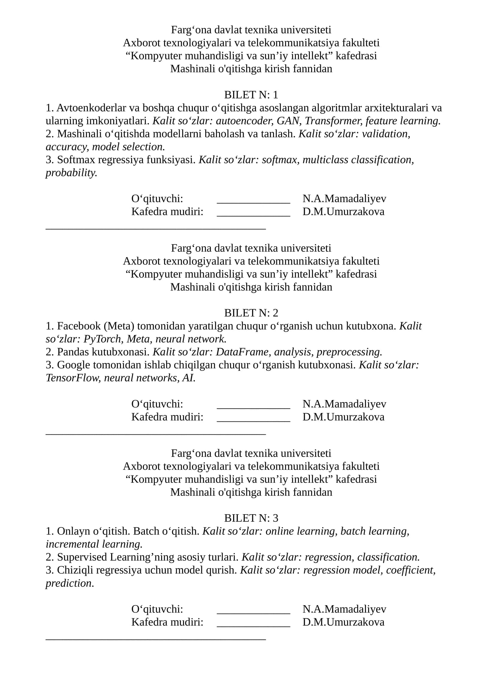 Mashinali o'qitishga kirish fannidan - Bilet N: 1
