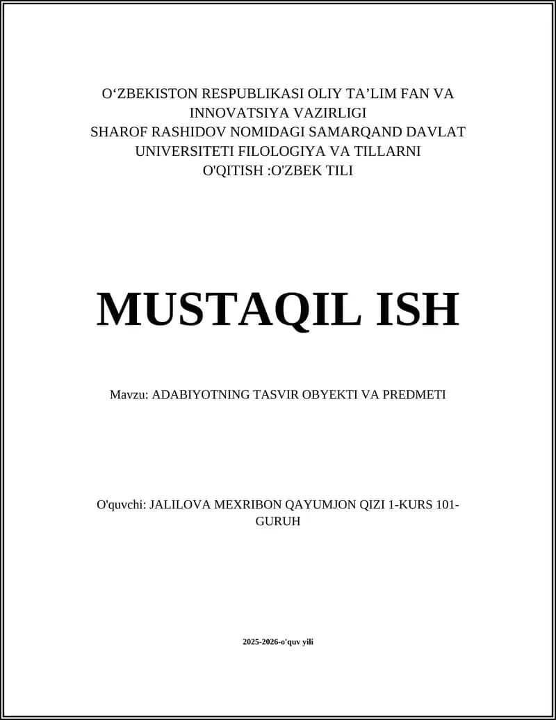 ADABIYOTNING TASVIR OBYEKTI VA PREDMETI