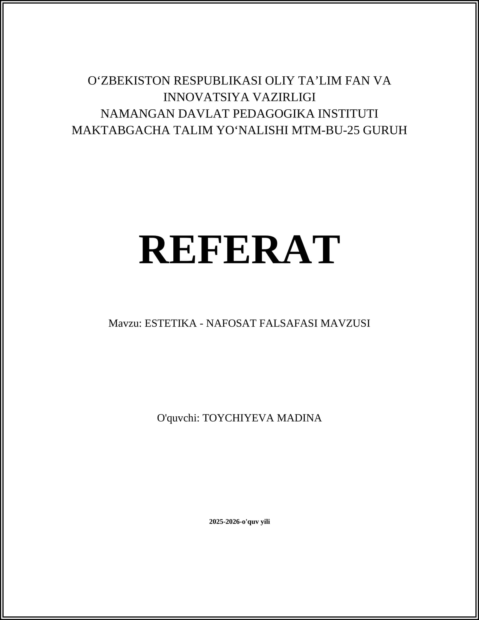 ESTETIKA - NAFOSAT FALSAFASI MAVZUSI
