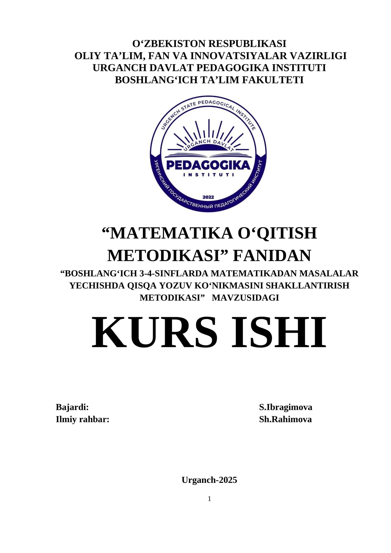 Boşlang‘ich 3-4-sinflarda matematikadan masalalar yechishda qisqa yozuv koʻnikmasini shakllantirish metodikasi