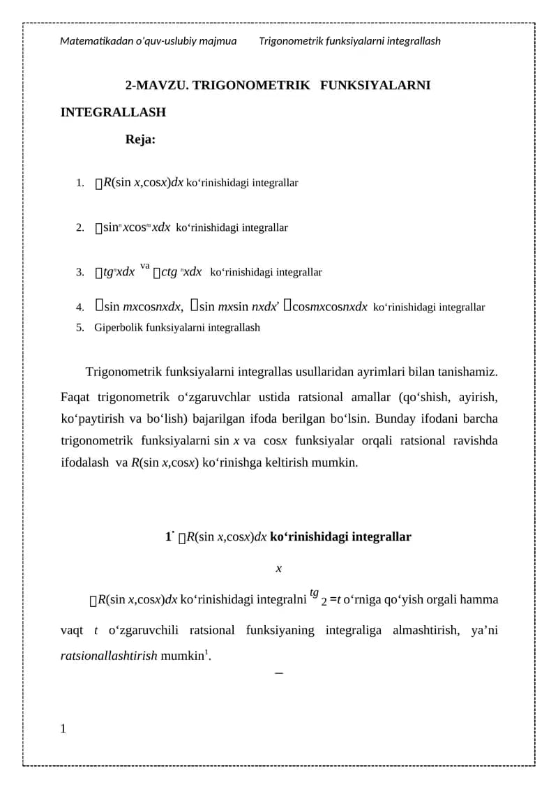 TRIGONOMETRIK FUNKSIYALARNI INTEGRALLASH
