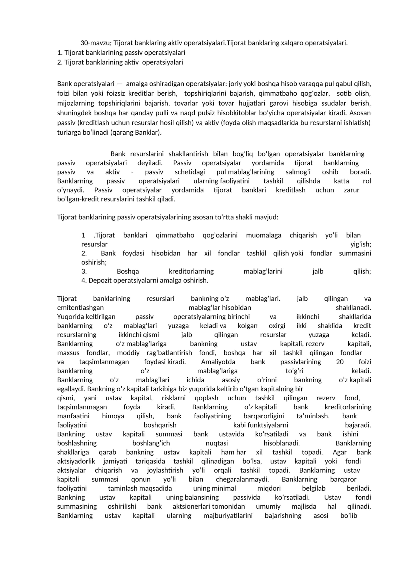 Tijorаt bаnklаring аktiv operаtsiyalаri.Tijorаt bаnklаring xаlqаro operаtsiyalаri