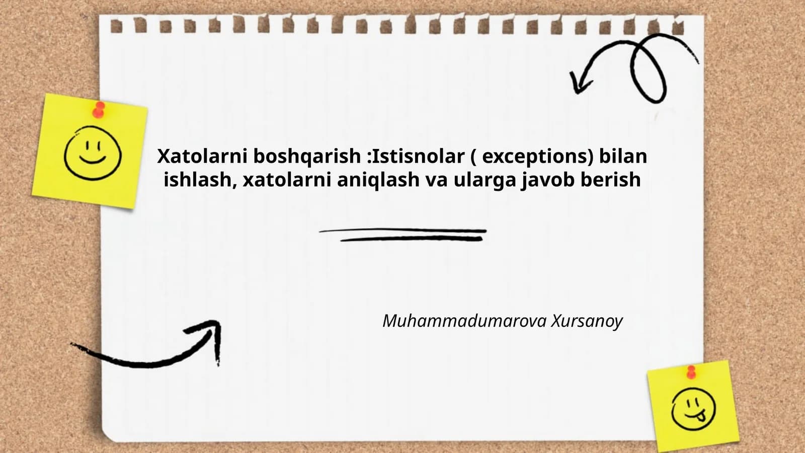 Xatolarni boshqarish:Istisnolar ( exceptions) bilan ishlash, xatolarni aniqlash va ularga javob berish