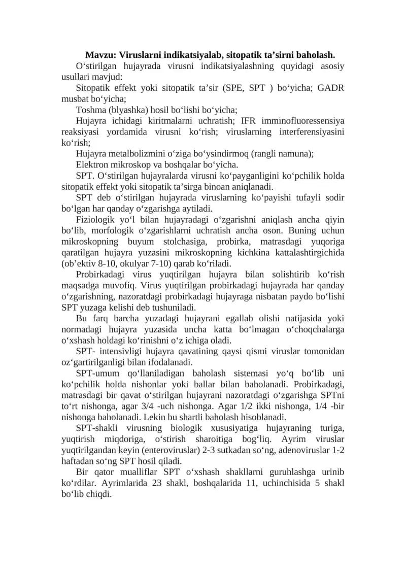 Viruslarni indikatsiyalab, sitopatik ta’sirni baholash