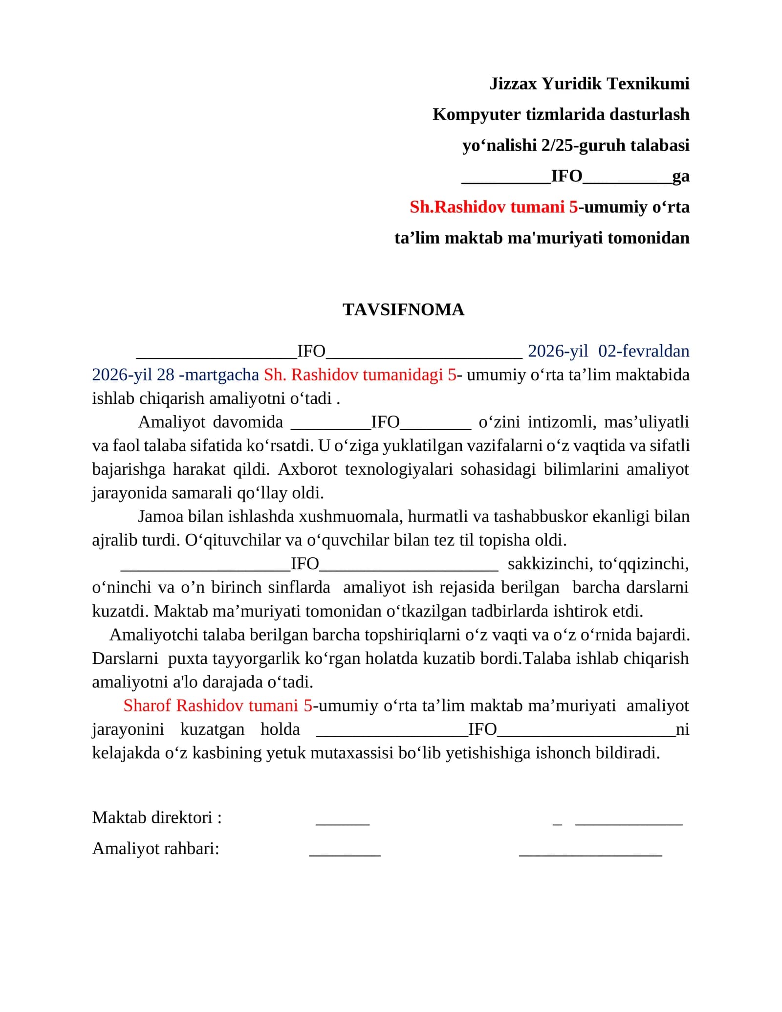 Amalyotchilar uchin TAVSIFNOMA