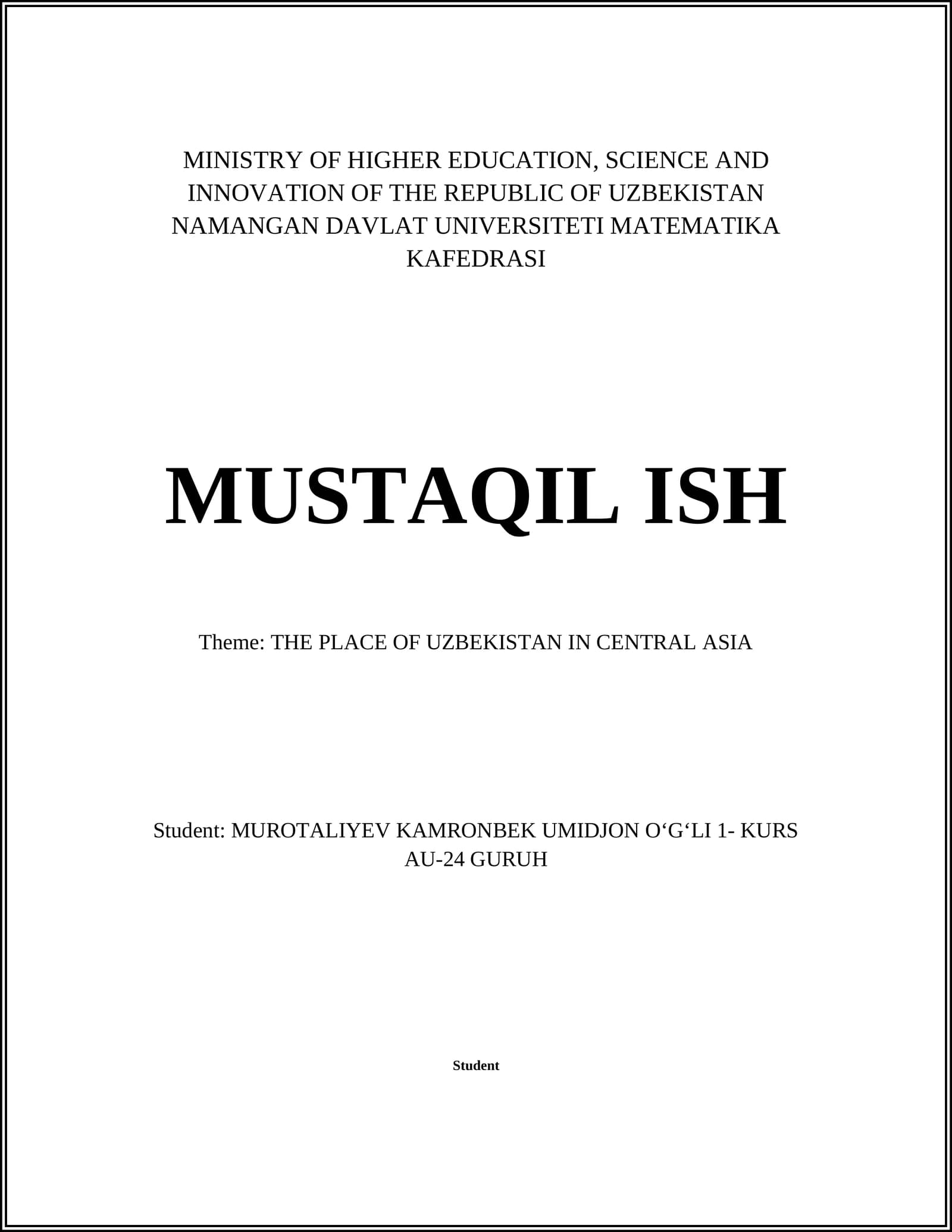 Mustaqil ish on "The Place of Uzbekistan in Central Asia"