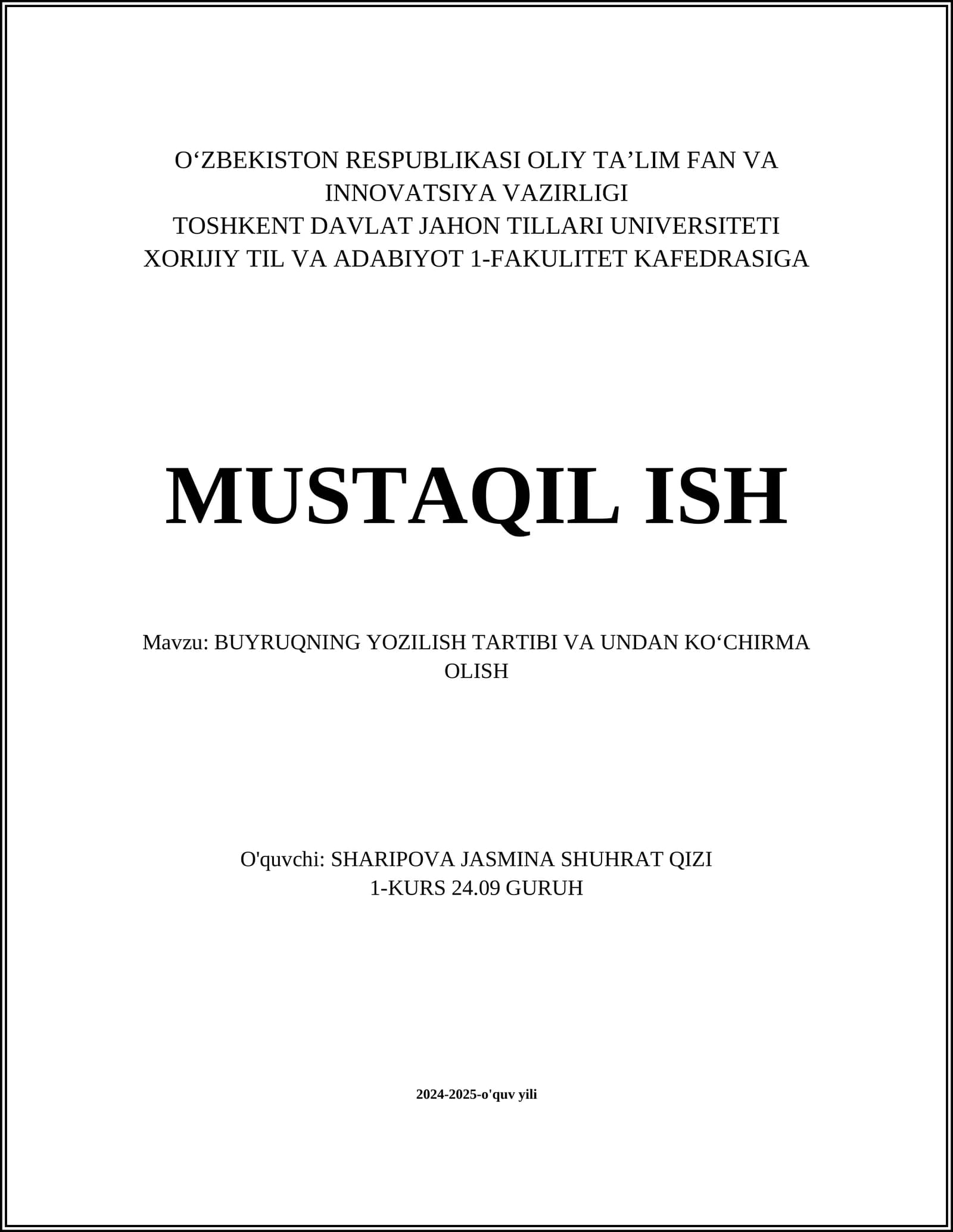 BUYRUQNING YOZILISH TARTIBI VA UNDAN KOʻCHIRMA OLISH