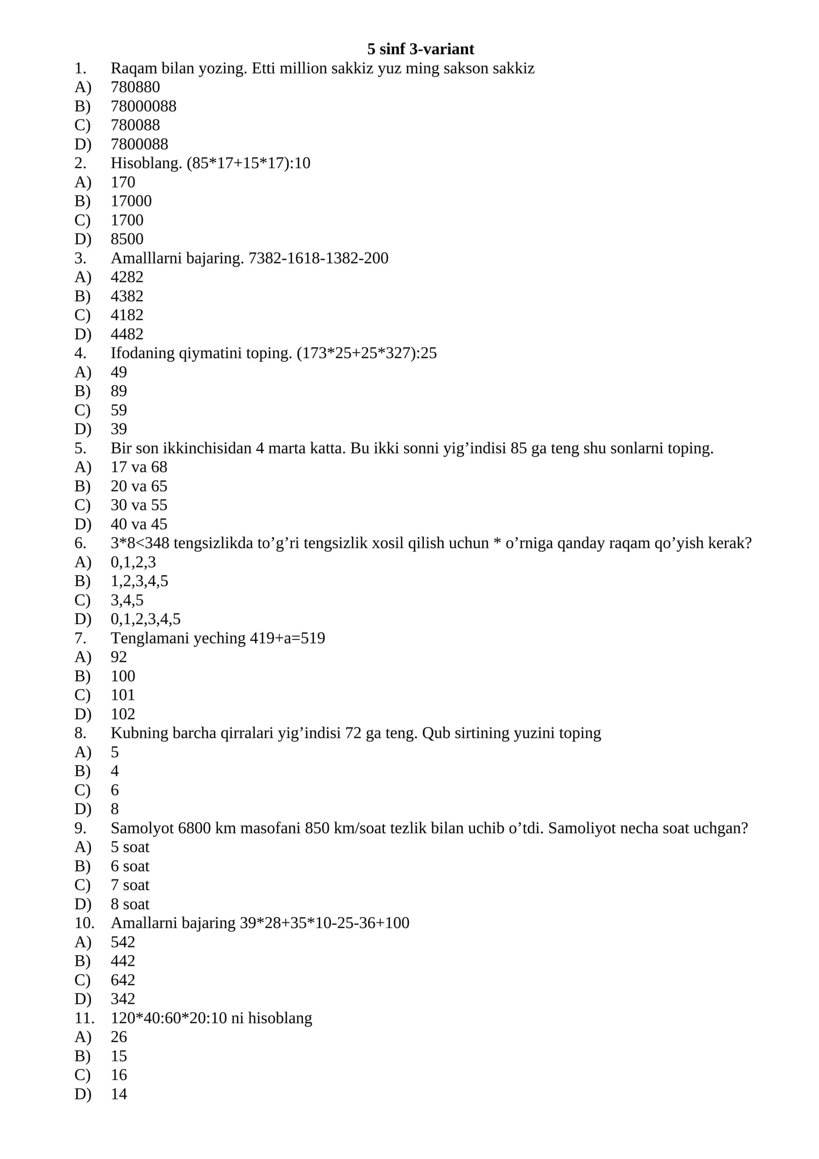 Bilimlar bellashuvi 5-sinf matematika