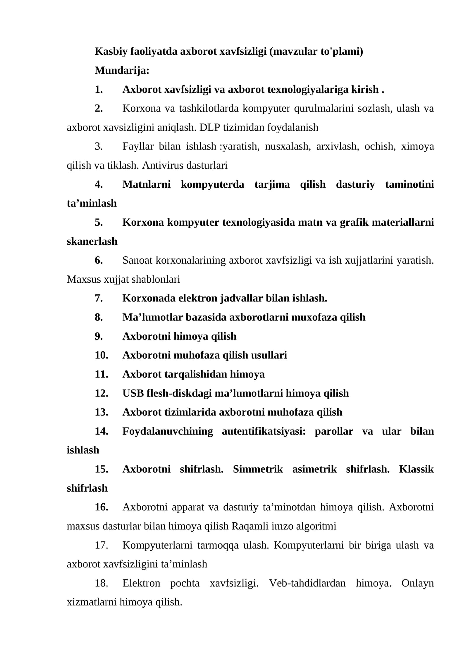 Kasbiy faoliyatda axborot xavfsizligi (mavzular to'plami)