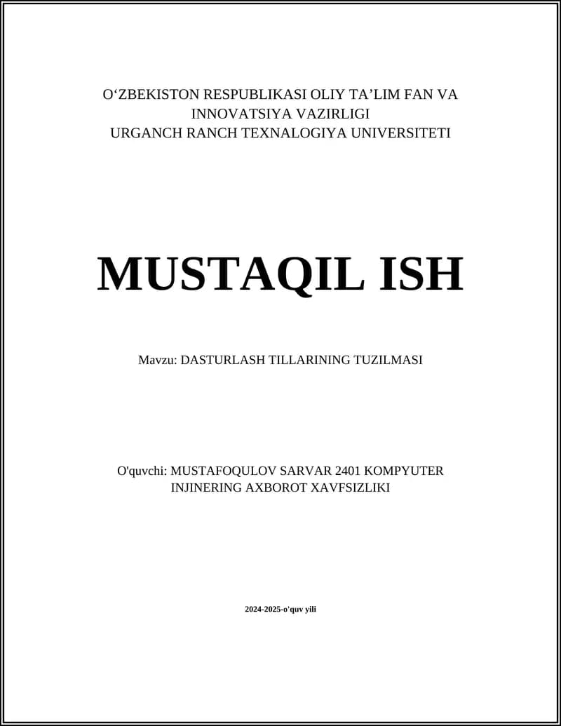 DASTURLASH TILLARINING TUZILMASI