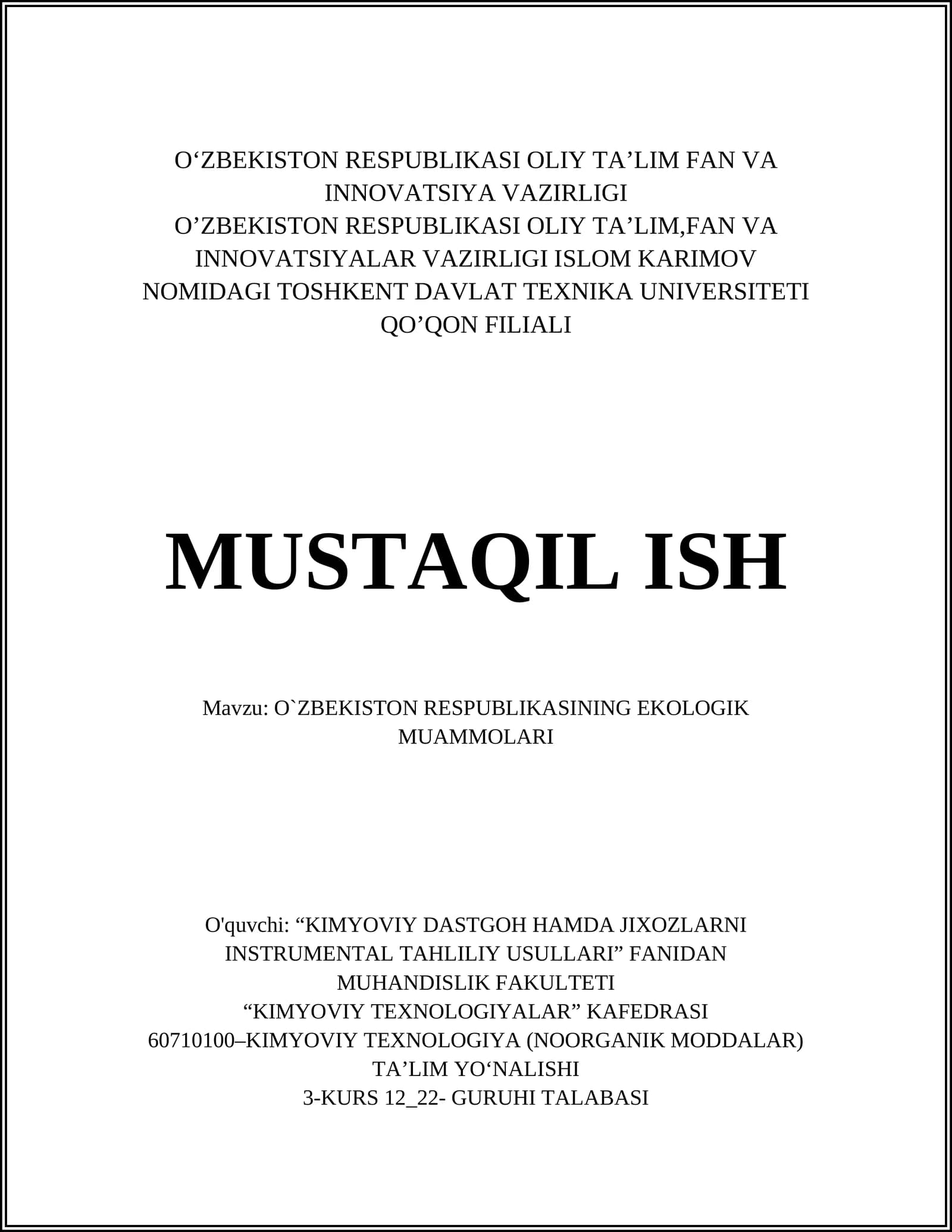 O`ZBEKISTON RESPUBLIKASINING EKOLOGIK MUAMMOLARI