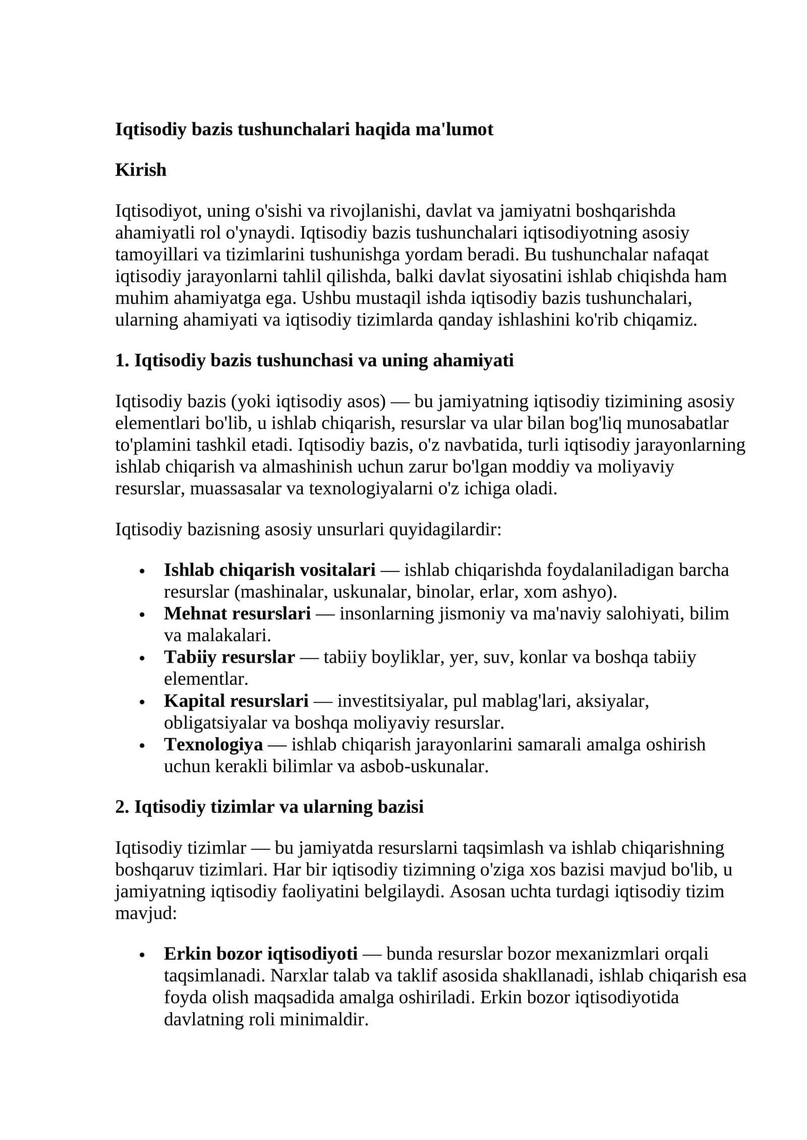 Iqtisodiy bazis tushunchalari haqida ma'lumot