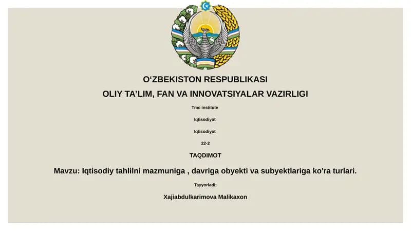 Mazmuniga va Davriga Ko'ra Iqtisodiy Tahlil Turlari