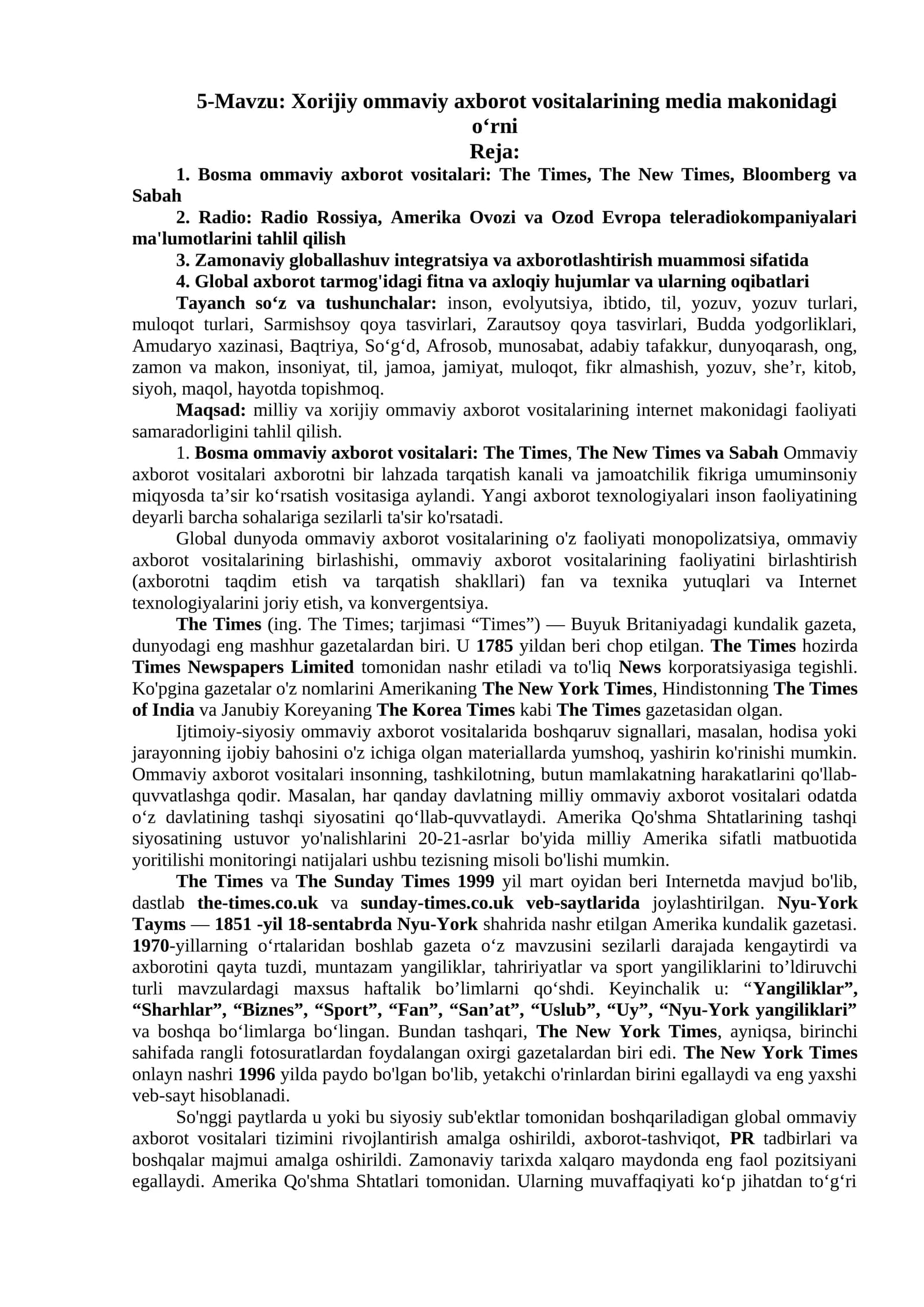 Xorijiy ommaviy axborot vositalarining media makonidagi o‘rni