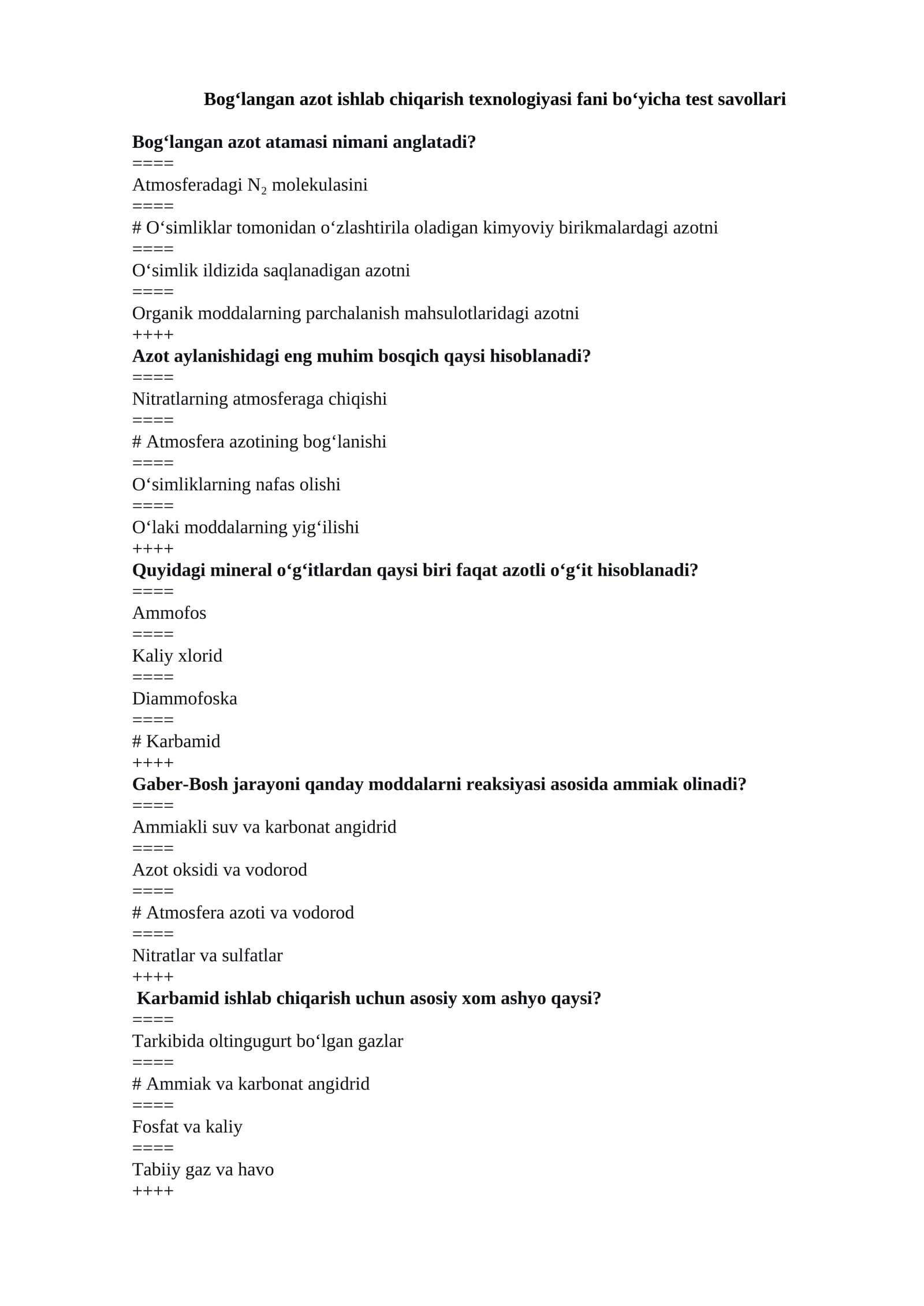 Bog‘langan azot ishlab chiqarish texnologiyasi fani bo‘yicha test savollari