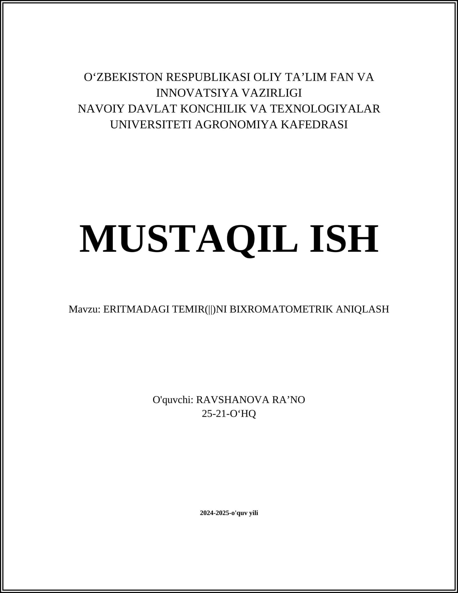 ERITMADAGI TEMIR(||)NI BIXROMATOMETRIK ANIQLASH