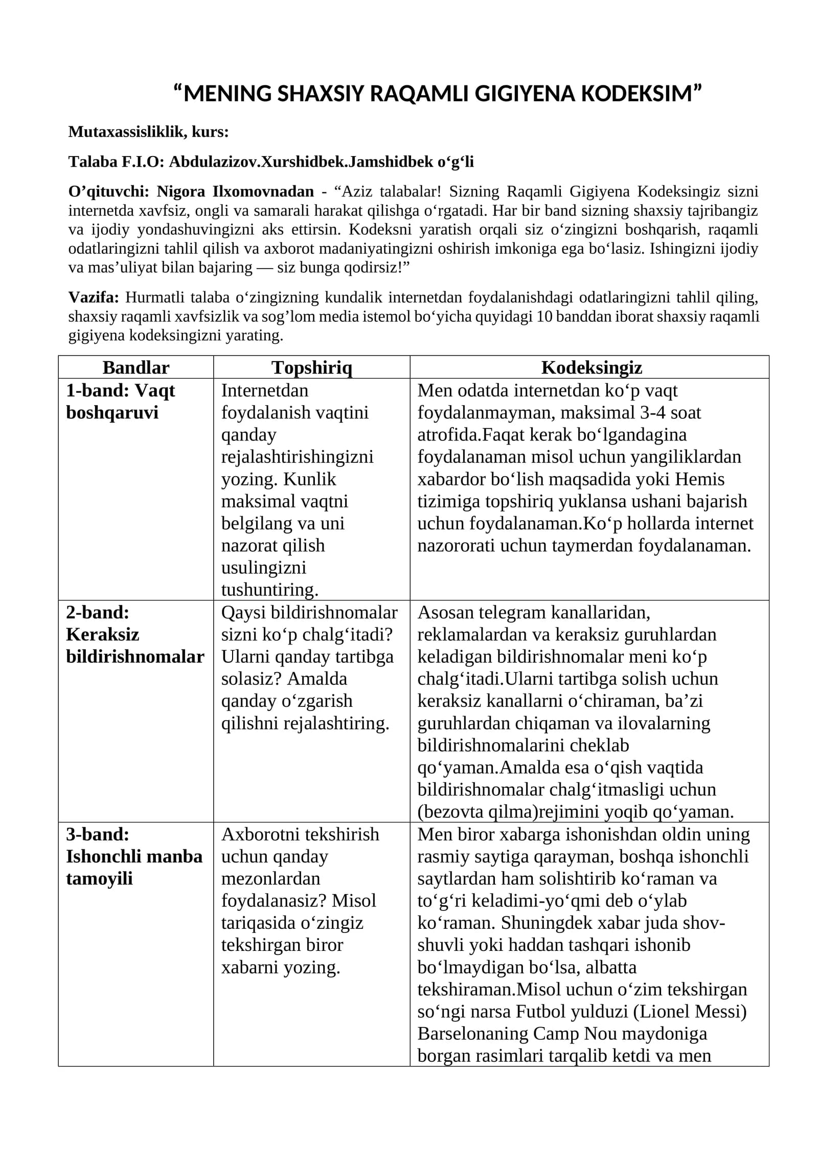Mening shaxsiy raqamli gigiyena kodeksim