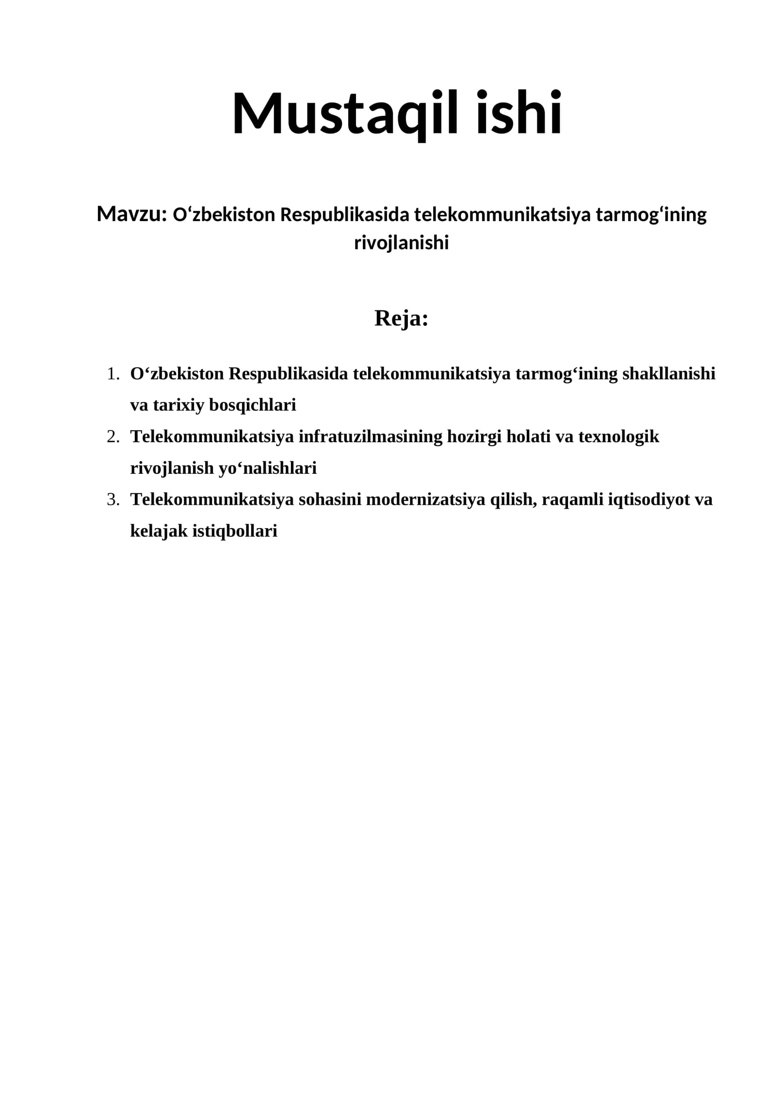 O‘zbekiston Respublikasida telekommunikatsiya tarmog‘ining rivojlanishi