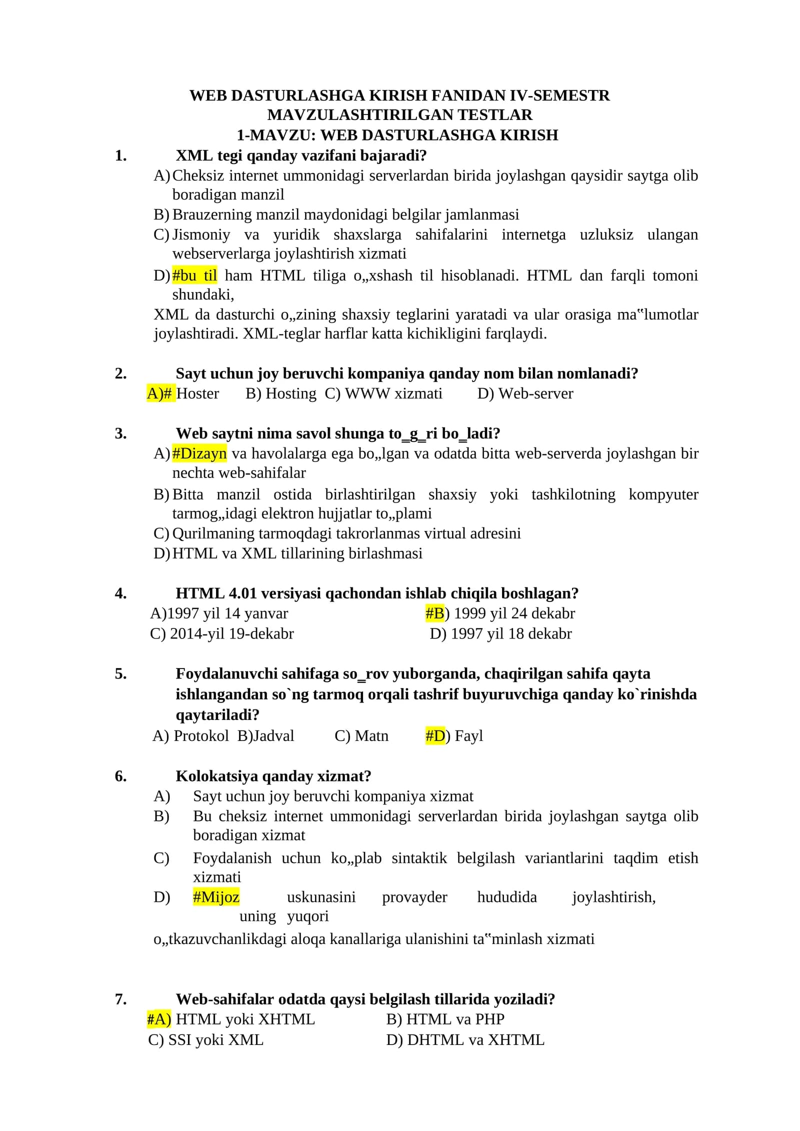 WEB DASTURLASHGA KIRISH FANIDAN IV-SEMESTR MAVZULASHTIRILGAN TESTLAR