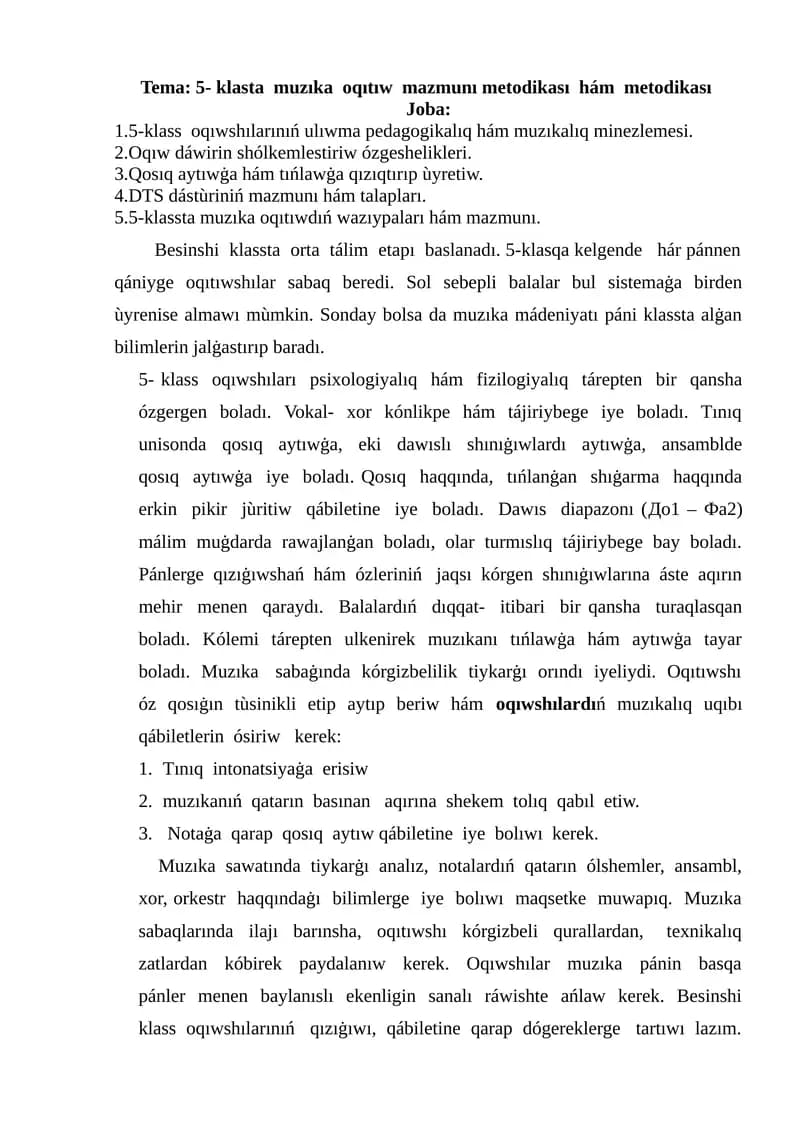 5- klasta muzıka oqıtıw mazmunı metodikası hám metodikası