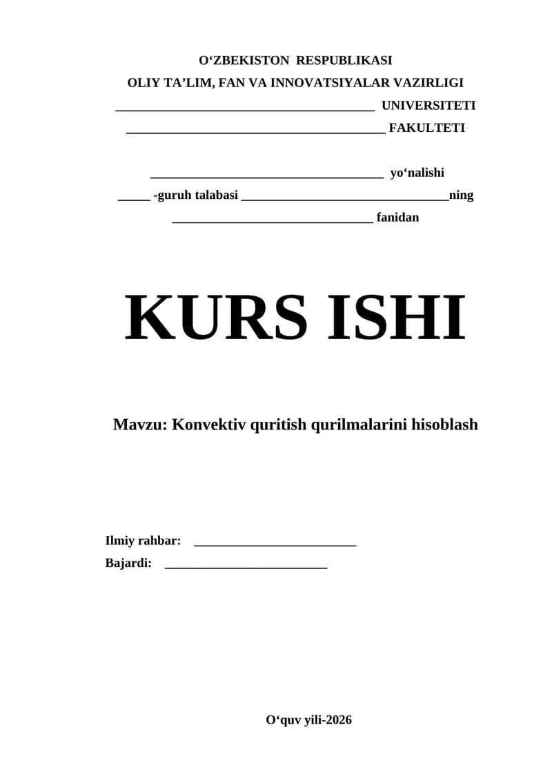 Konvektiv quritish qurilmalarini hisoblash