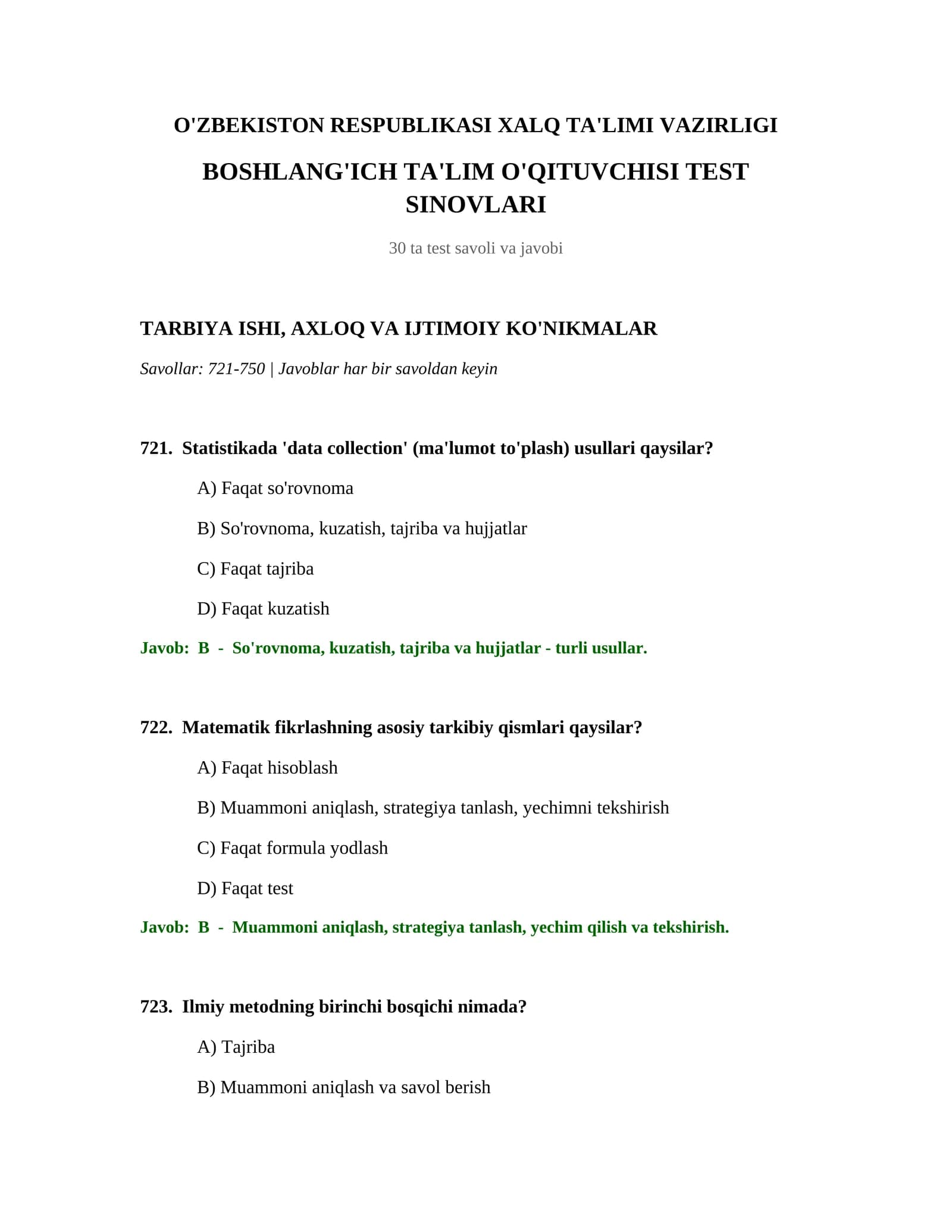 BOSHLANG'ICH TA'LIM O'QITUVCHISI TEST SINOVLARI