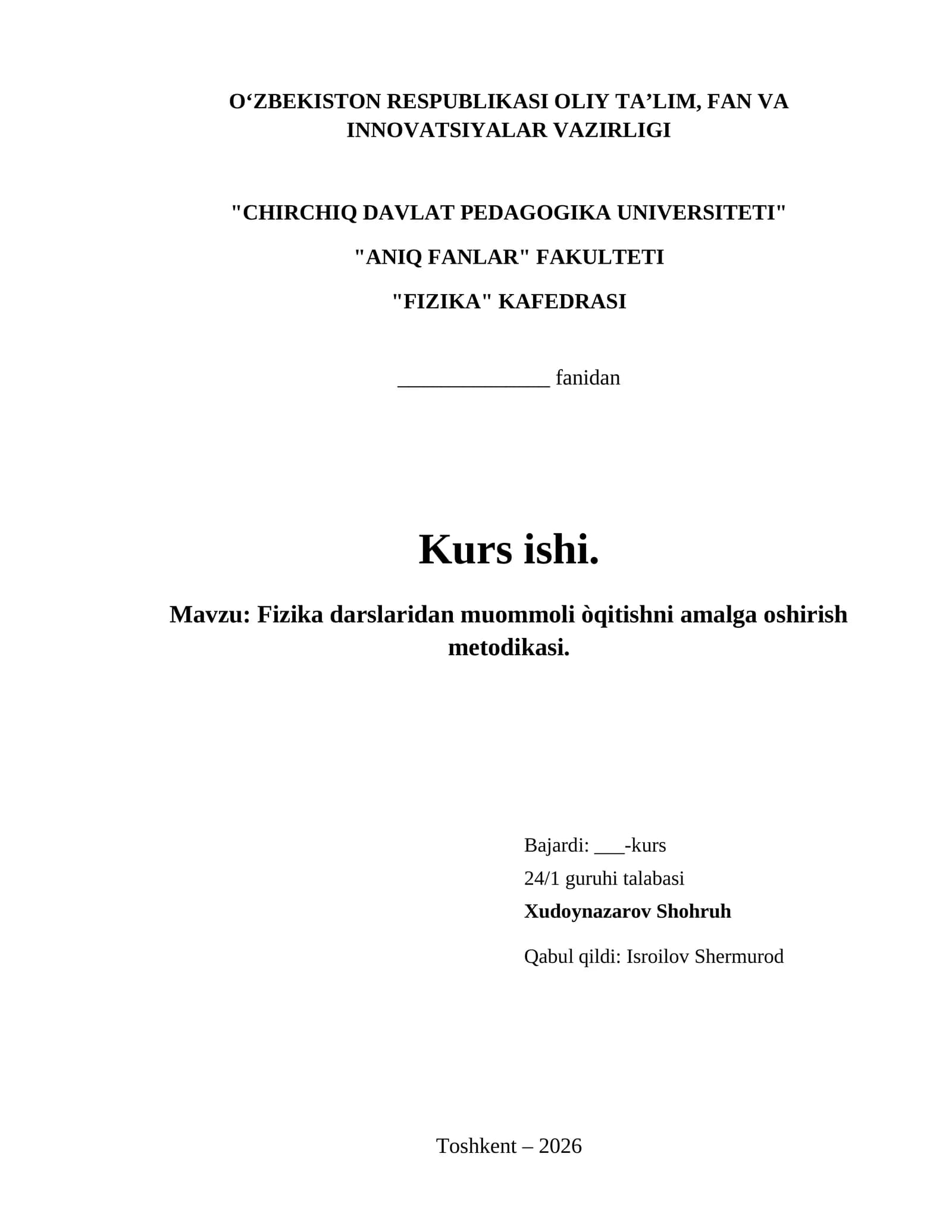 Fizika darslaridan muommoli òqitishni amalga oshirish metodikasi.