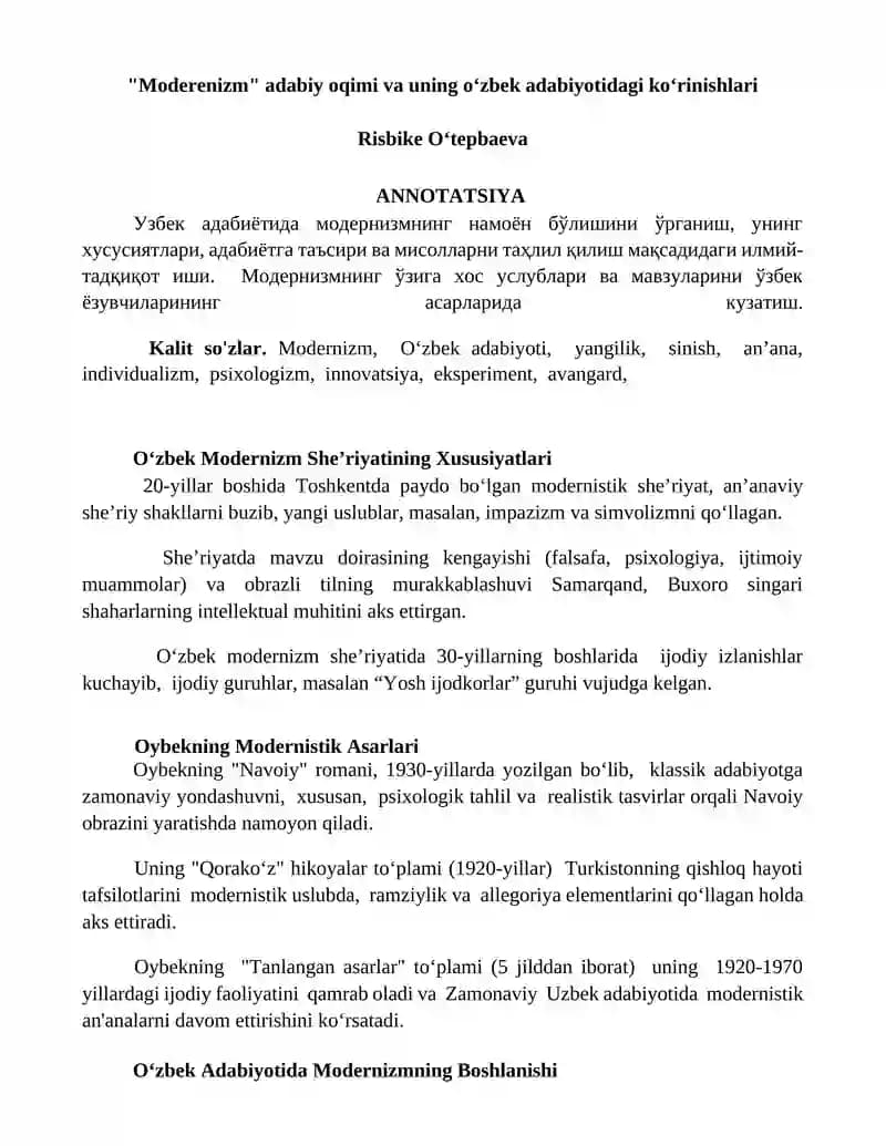 "Moderenizm" adabiy oqimi va uning oʻzbek adabiyotidagi koʻrinishlari