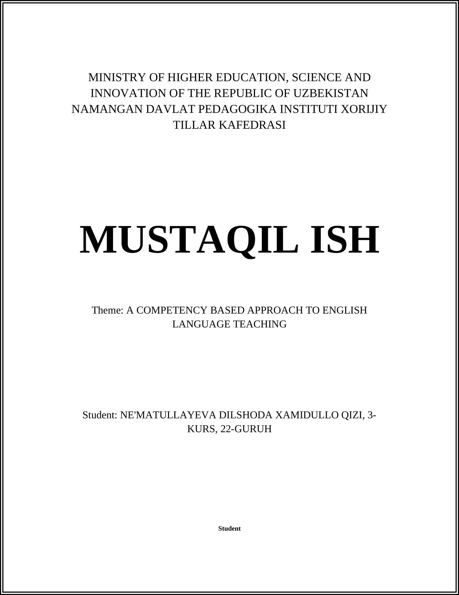 MUSTAQIL ISH: A COMPETENCY BASED APPROACH TO ENGLISH LANGUAGE TEACHING