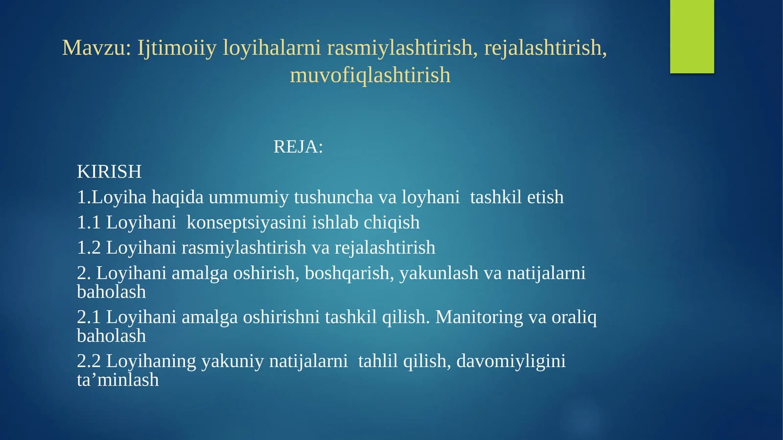 Ijtimoiiy loyihalarni rasmiylashtirish, rejalashtirish, muvofiqlashtirish