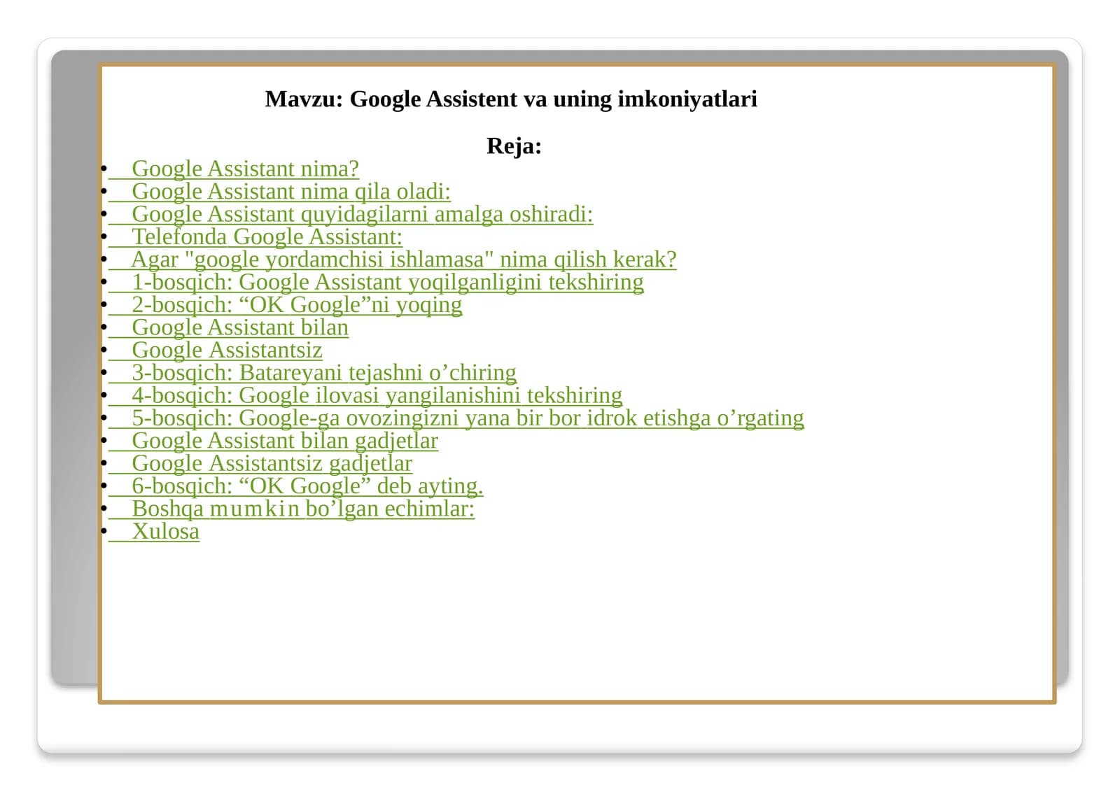 GoogleAssistent vauningimkoniyatlari