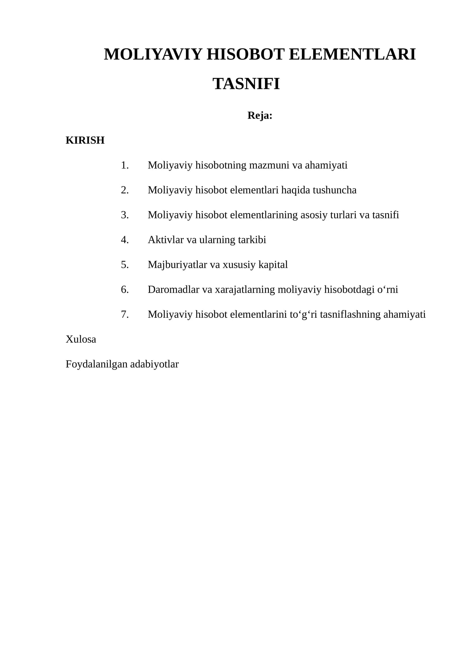 Moliyaviy Hisobot Elementlari Tasnifi