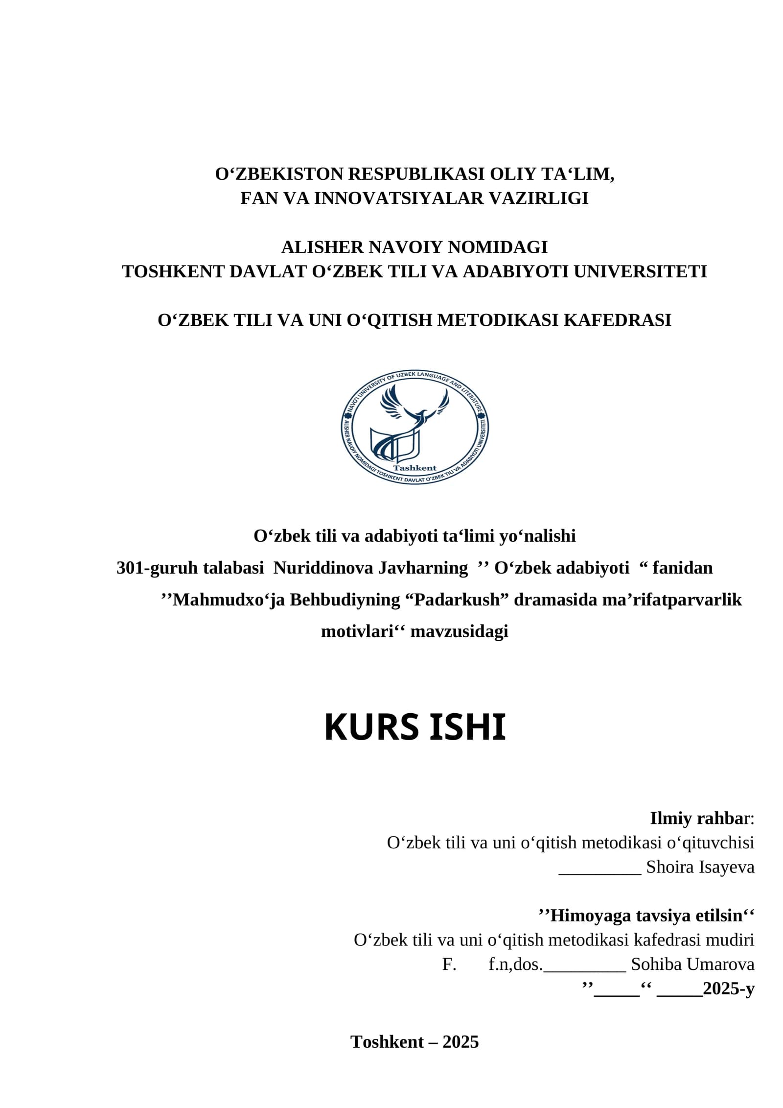 Mahmudxo‘ja Behbudiyning “Padarkush” dramasida ma’rifatparvarlik motivlari