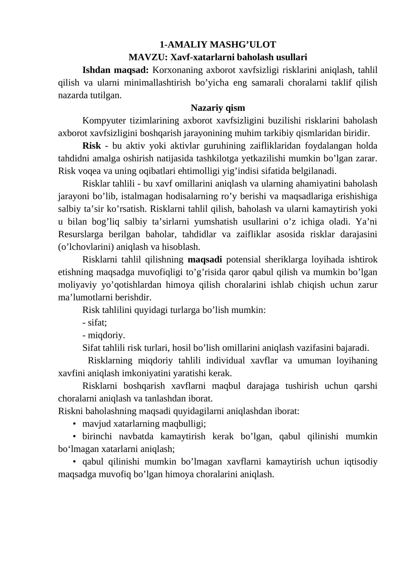 Xavf-xatarlarni baholash usullari