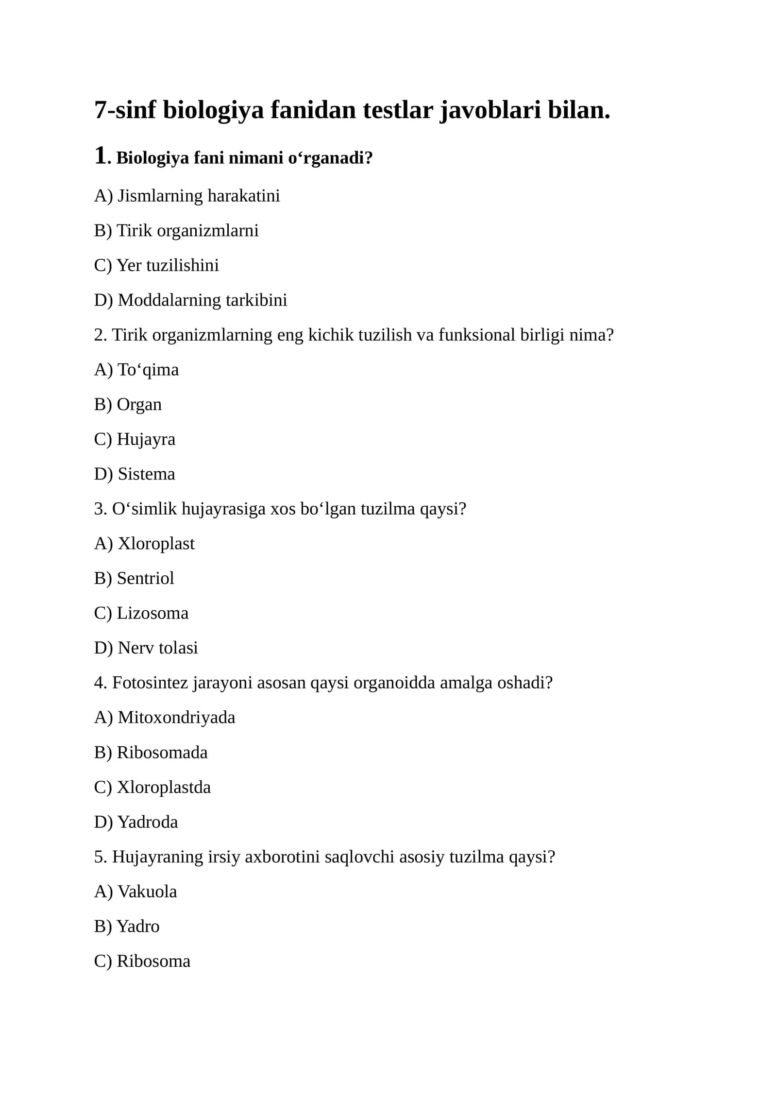 7-sinf Biologiya Testlar Javoblari bilan