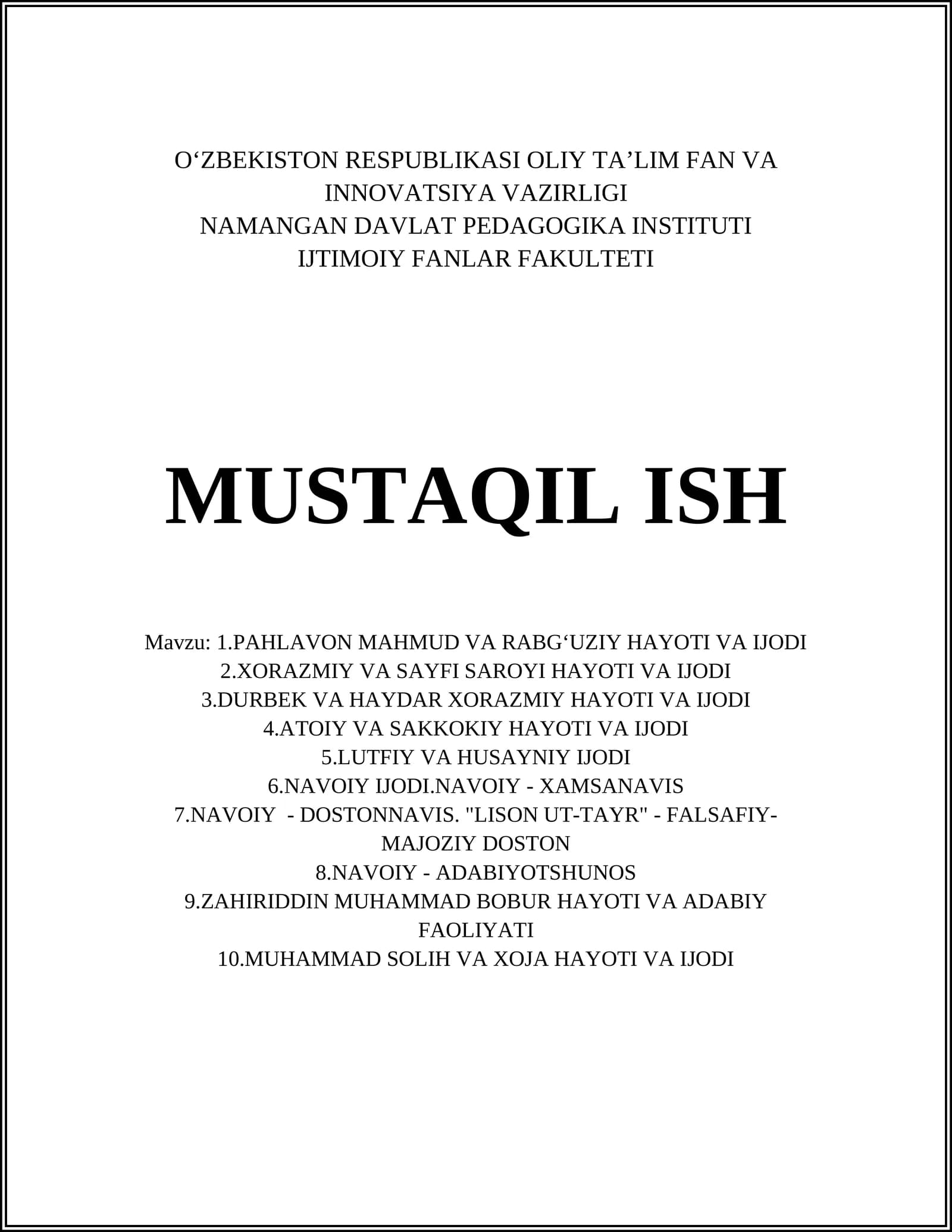 NAVOIY - DOSTONNAVIS. "LISON UT-TAYR" - FALSAFIY-MAJOZIY DOSTON